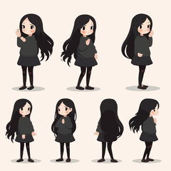 Adorable girl in black clothes, cartoon illustration.