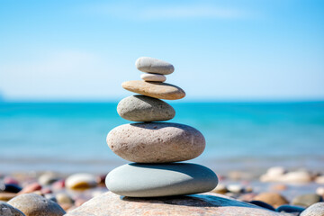 Fototapeta na wymiar Pile of smooth stones stacked on a pebbly beach, symbolizing balance and stability, with the ocean backdrop
