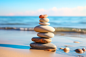 Fototapeta na wymiar Pile of smooth stones stacked on a pebbly beach, symbolizing balance and stability, with the ocean backdrop