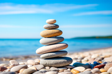 Pile of smooth stones stacked on a pebbly beach, symbolizing balance and stability, with the ocean backdrop