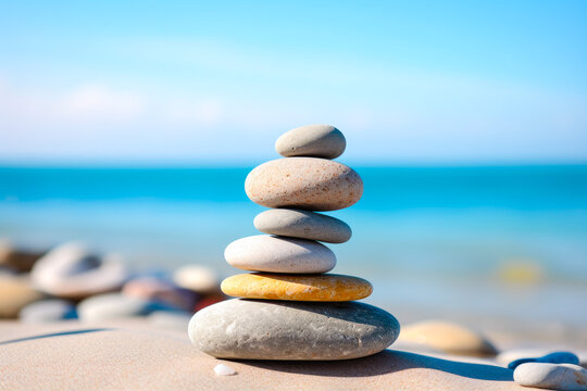 Pile of smooth stones stacked on a pebbly beach, symbolizing balance and stability, with the ocean backdrop