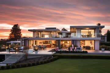 Fototapeta premium The new home looks stunning as the sun sets, displaying its captivating exterior.