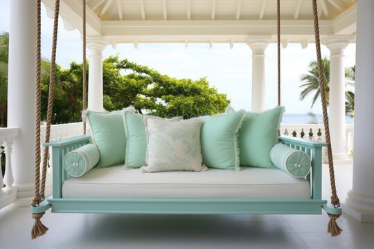 The outdoor bed swing is given an elegant touch with a seafoam green paint and is complemented by white plush cushions. Suspended from the ceiling, it exudes a timeless and opulent vibe, thanks to the