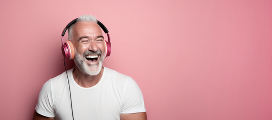 Relaxed and happy: Middle-aged man listening to music or podcasts with headphones on an pink background. copy space - obrazy, fototapety, plakaty