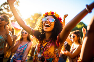 Obraz premium Epitomizing youth and fun. A diverse, energetic group of millennials dancing with joy and excitement at a lively music festival, with bright colors