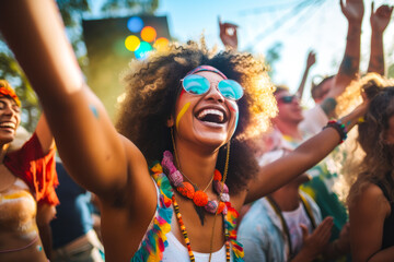 Obraz premium Epitomizing youth and fun. A diverse, energetic group of millennials dancing with joy and excitement at a lively music festival, with bright colors