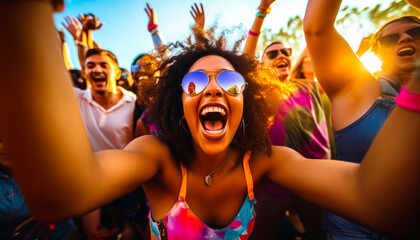 Epitomizing youth and fun. A diverse, energetic group of millennials dancing with joy and excitement at a lively music festival, with bright colors