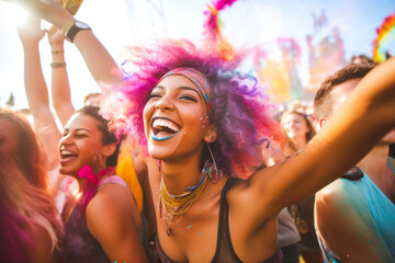 Epitomizing youth and fun. A diverse, energetic group of millennials dancing with joy and excitement at a lively music festival, with bright colors - obrazy, fototapety, plakaty