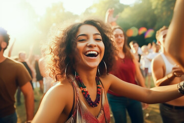 Epitomizing youth and fun. A diverse, energetic group of millennials dancing with joy and excitement at a lively music festival, with bright colors