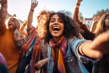 Epitomizing youth and fun. A diverse, energetic group of millennials dancing with joy and excitement at a lively music festival, with bright colors