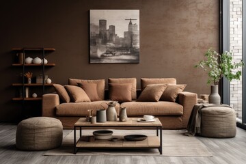 The sofa and table in Earth's tones bring a cozy and harmonious touch to the interior of the home.