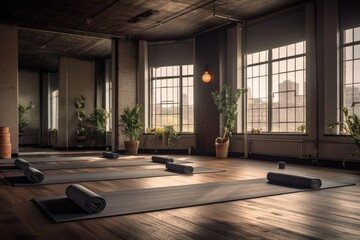 The room was furnished with a floor covered in a grey yoga mat that was not rolled up.