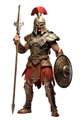 Mythical Greek god with helmet and armor full body. isolated object, transparent background