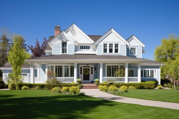 Traditional suburban American home with a picturesque backdrop of clear blue sky. - obrazy, fototapety, plakaty