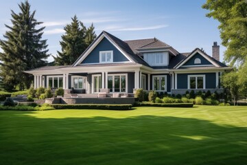 The newly constructed luxury home has an exquisite exterior, with a lovely yard adorned with lush green grass. A pathway guides you towards a beautifully detailed covered porch and the main entrance.