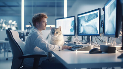 A software engineer works at a computer and a cat sits on a table