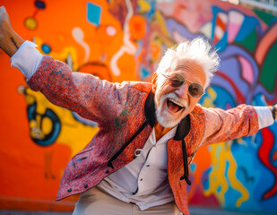 An eccentric elderly senior man dancing happily in front of a vibrant colorful background. Expressing joy and free spirit, beauty of aging and individuality and carelessness