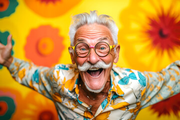 An eccentric elderly senior man dancing happily in front of a vibrant colorful background. Expressing joy and free spirit, beauty of aging and individuality and carelessness