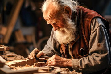 Fototapeta premium Elderly woodworker diligently crafting a piece indicative of quality craftsmanship, displaying pride and talent in his carpenter's workshop