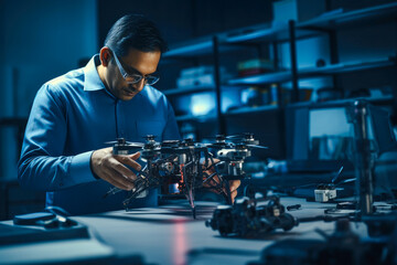 Engineer testing a military grade drone in laboratory. Demonstrating innovation in defense technology and its future with artificial intelligence