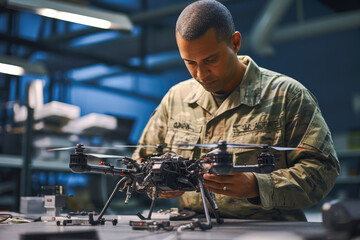 Engineer testing a military grade drone in laboratory. Demonstrating innovation in defense technology and its future with artificial intelligence