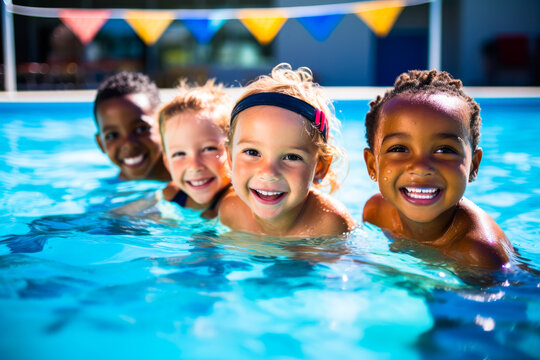 A group of diverse young children enjoying swimming lessons in pool, learning water safety skills and having summer fun