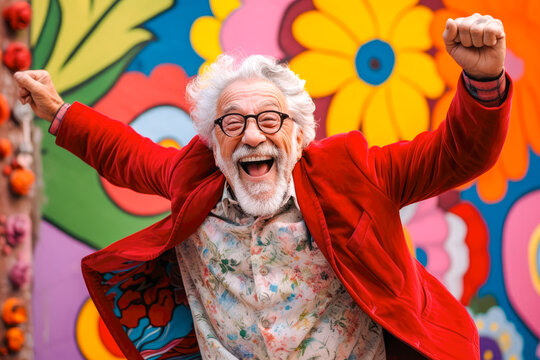 An eccentric elderly senior man dancing happily in front of a vibrant colorful flowers background. Expressing joy and free spirit, beauty of aging and individuality and carelessness