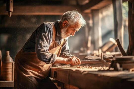 Elderly woodworker diligently crafting a piece indicative of quality craftsmanship, displaying pride and talent in his carpenter's workshop