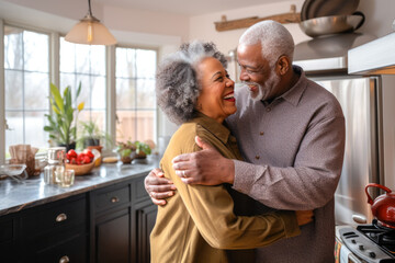 Fototapeta na wymiar Authentic moment of an African American retired couple sharing a dance in the kitchen, an embodiment of enduring love and romance