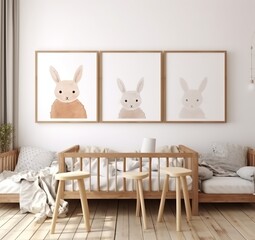 Mock-up poster frame in the background of a white cozy children's room interior with 3D render. Made with Generative AI technology