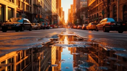 Fototapete Vereinigte Staaten Street in New york city with puddles as reflection effect