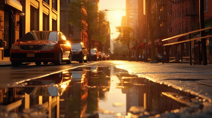 Fototapeta premium Street in New york city with puddles as reflection effect