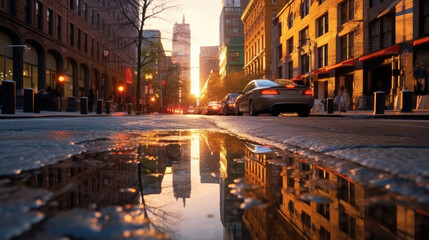Fototapeta na wymiar Street in New york city with puddles as reflection effect