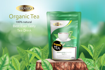 vector illustration fresh organic tea ad design beautiful outdoor background with tea plants and tea leaves.use for organic tea advertising and label design.