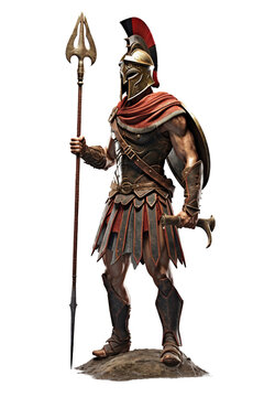 Spartan warrior with bronze helmet and spear. isolated object, transparent background