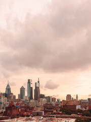 Philadelphia PA skyline during warm sunset with copy space