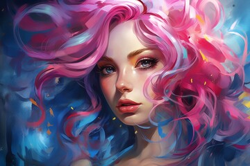 Dreamy anime girl with vibrant hair, exploring futurism, Generative AI