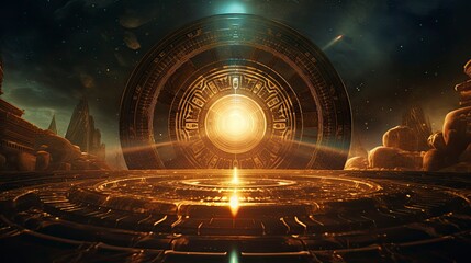 Ancient golden gong towering over gold landscape, meditation visual