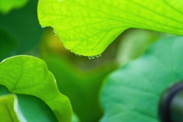 ハスの葉についた水滴の情景