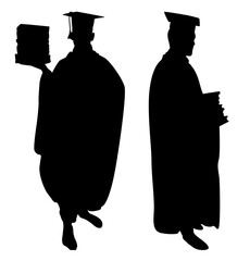 Vector silhouettes of two people Graduation celebration event. Isolated illustration on white background.