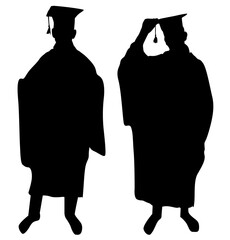 Vector silhouettes of two people Graduation celebration event. Isolated illustration on white background.