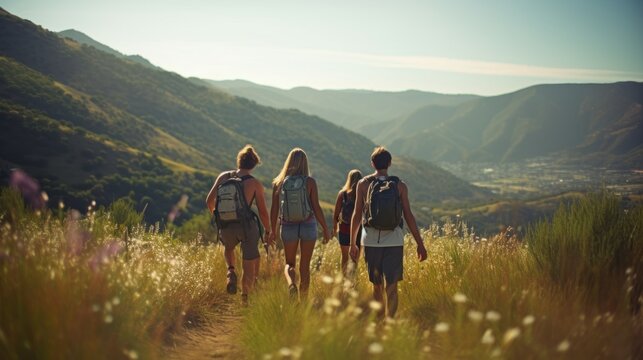 a candid photo of a family and friends hiking together in the mountains in the vacation trip week. sweaty walking in the beautiful american nature. fields and hills with grass. Generative AI