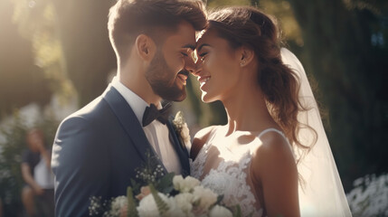Happy bride at wedding ceremony and people sprinkling flower petals