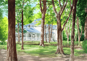 アナログ水彩風景画旧青木家那須別邸