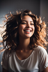 The expression of a girl laughing happily