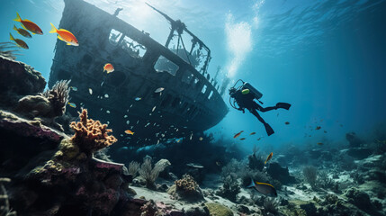Scuba Diver Exploring Sunken Shipwreck With Coral Reef and Fish