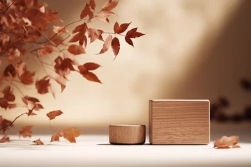  two wood podium display. Natural nude, beige banner backdrop with branch shadow. Product promotion Beauty cosmetic, nature dry autumn leaf. created generative ai. © SEUNGJIN
