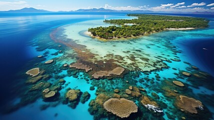 Fototapeta na wymiar The Australian Great Barrier Reef from above, showcasing a mosaic of coral atolls, turquoise waters, and sandy islets.