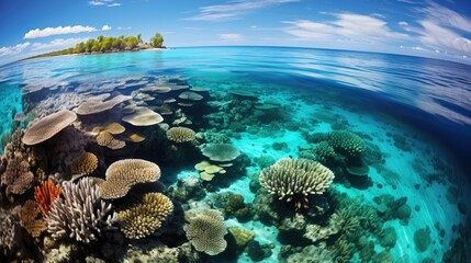 The Australian Great Barrier Reef from above, showcasing a mosaic of coral atolls, turquoise waters, and sandy islets.