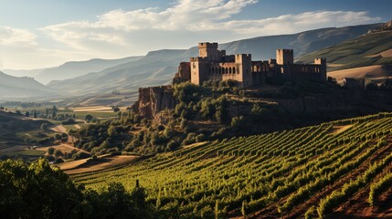 A tranquil scene of a Georgian vineyard, with grapevines covering rolling hills and an ancient stone monastery in the background.
